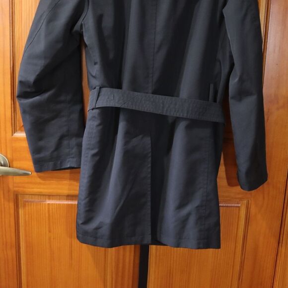 Sanyo Vintage Black Belted Trench Coat Hidden Buttons Vented Size 38R - Picture 7 of 16